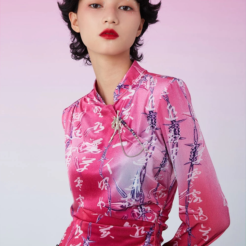 Mukzin Asymmetrical Pink and pink top with Mandarin Collar size L/ US Size. 6